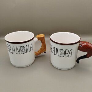 vintage Lefton ceramic mugs with unique handles Grandma and Grandpa circa 1960s